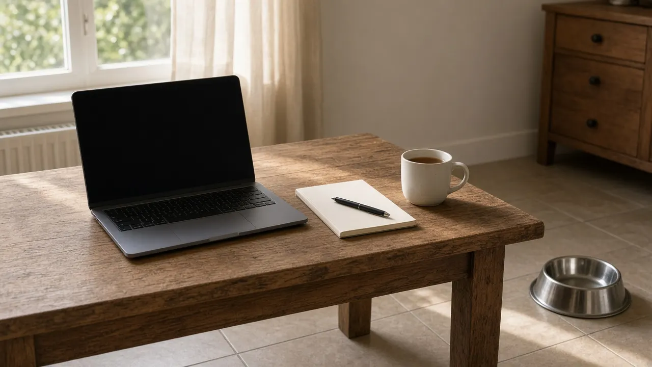 A laptop and handwritten notes on a kitchen table, with a dog's water bowl on the floor nearby