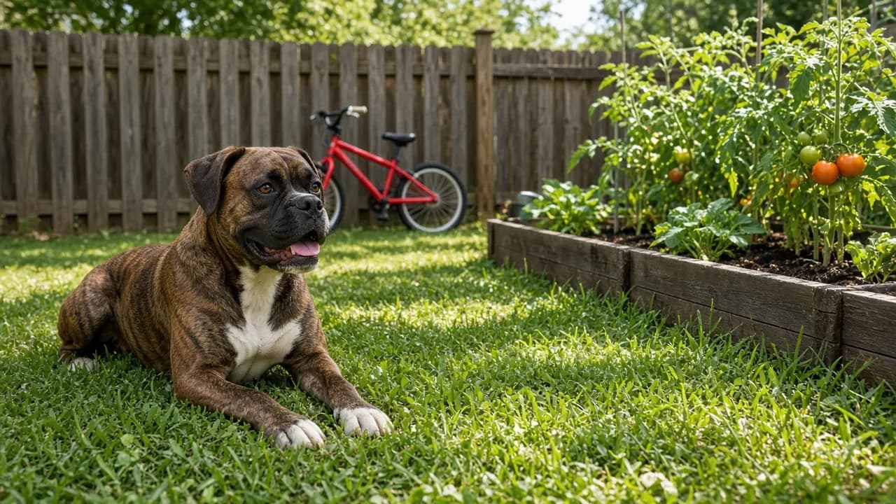 A brindle Boxer lying in a sunny backyard beside a child's bicycle and a vegetable bed