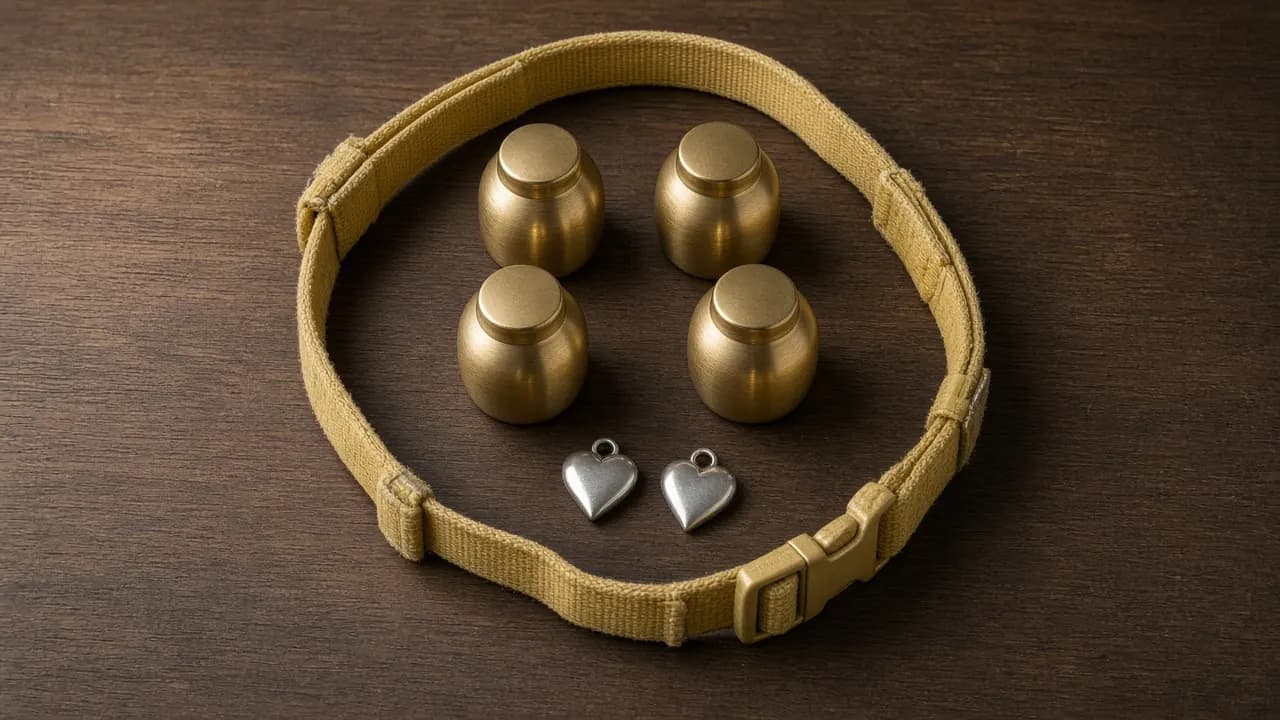 Four small brass keepsake urns and two silver pendants laid out on a wooden table beside a yellow Labrador's collar