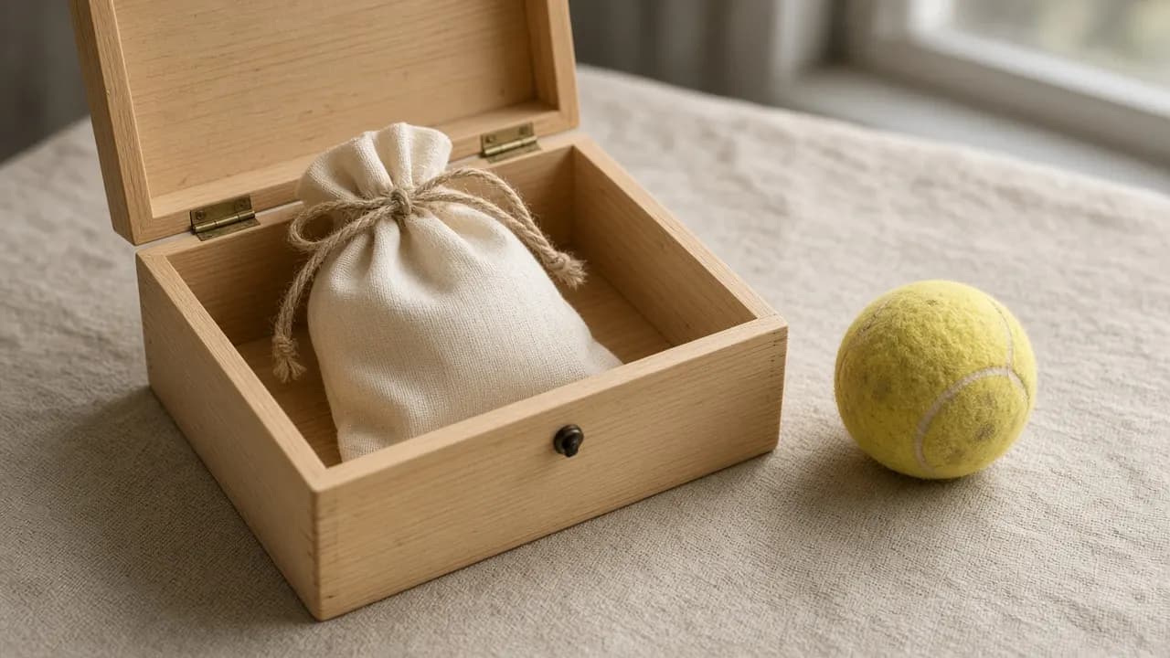 A small cloth bag tied with twine resting in a wooden keepsake box beside a golden retriever's tennis ball