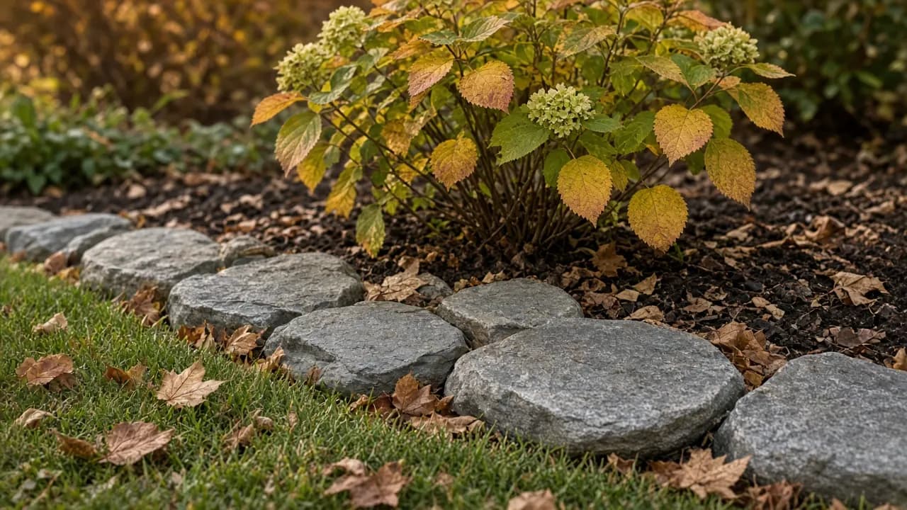 A row of large flat river stones set into a lawn at the edge of a garden border, with a young shrub planted behind