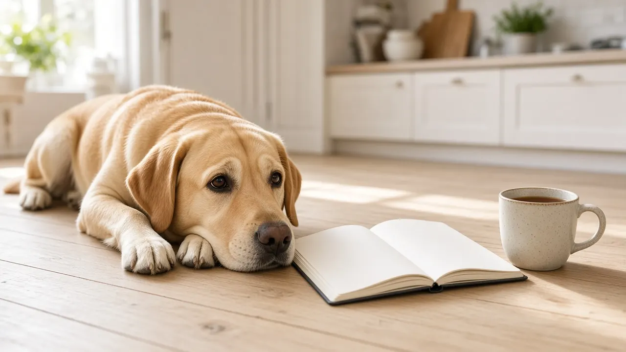 A yellow Labrador lying on a kitchen floor next to an open notebook and a mug of tea