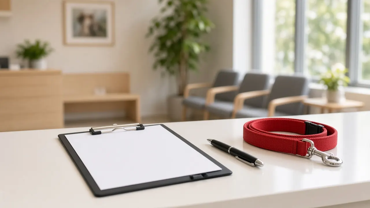 A clipboard with a blank form and a pen on a vet clinic counter, a red leash coiled beside it