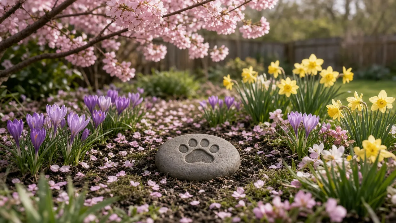 A small flat engraved garden stone among spring bulbs beneath a flowering cherry tree in a family backyard