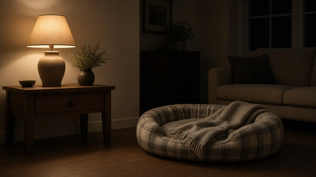 A softly lit living room at night with a single table lamp glowing beside an empty dog bed and a folded blanket