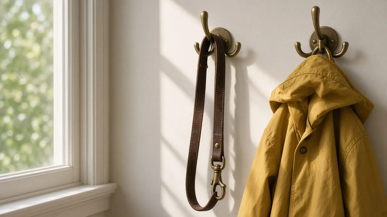 A worn leather dog leash hanging on a coat hook beside a window, morning light and a raincoat nearby