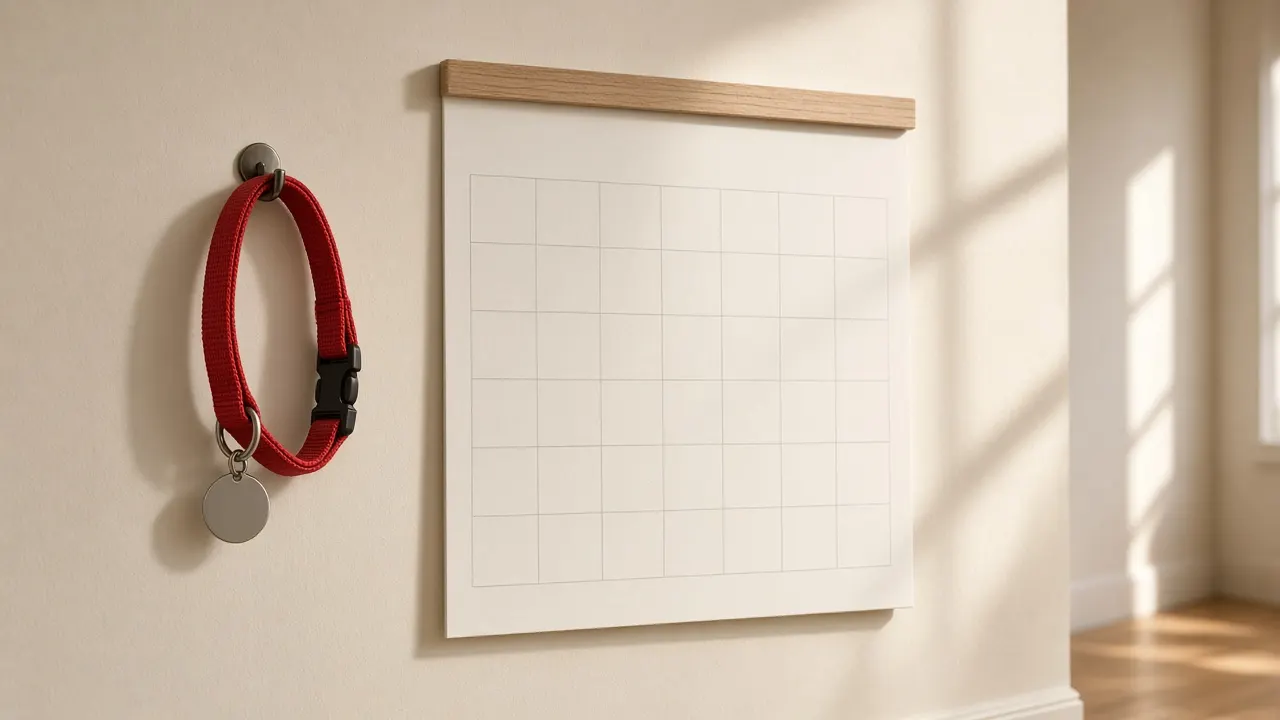 A wall calendar in a sunlit hallway with a dog's red collar hanging from a hook beside it