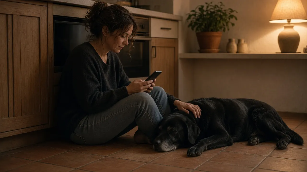 A woman sitting on a kitchen floor reading on her phone, one hand resting on a sleeping older Labrador's back