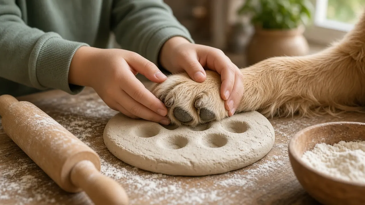 A child's hands pressing a large dog's paw gently into a round disc of pale clay on a kitchen table