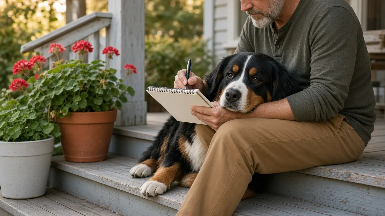 A senior Bernese Mountain Dog resting its head on a man's knee as he writes in a notebook on a porch step