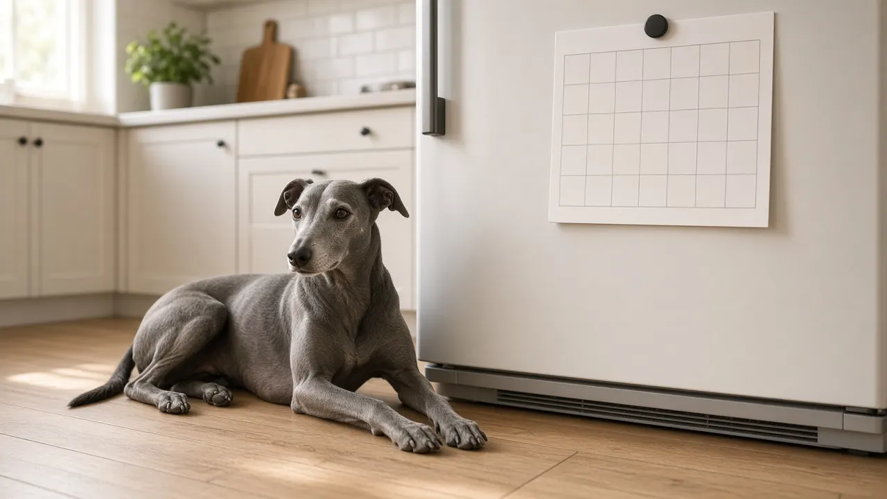 A paper wall calendar on a fridge door with small hand-drawn marks, a senior greyhound lying on the kitchen floor below