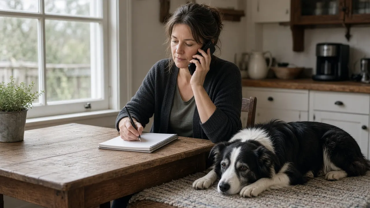 A woman on a phone call at a kitchen table with a notepad, an old Border Collie lying at her feet