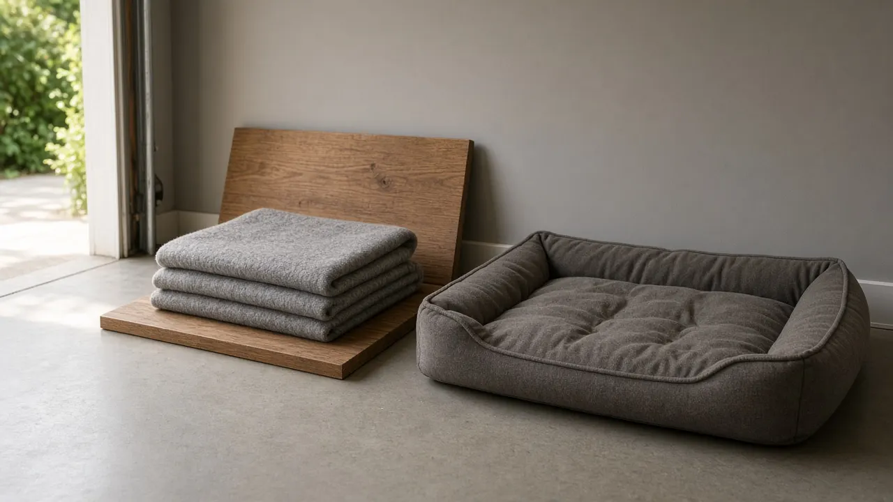 A folded wool blanket and a flat wooden board leaning against a garage wall beside a dog bed