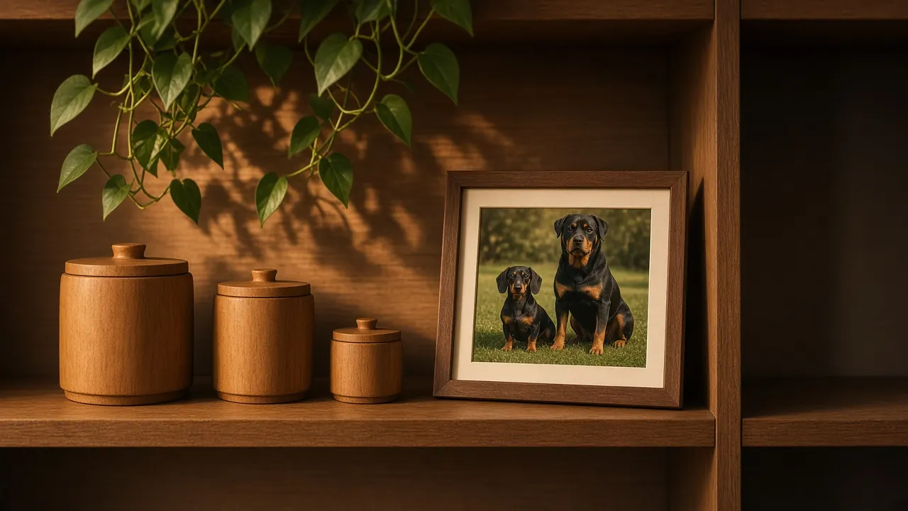 Three wooden urns of clearly different sizes on a bookshelf, beside a framed photo of a dachshund and a Rottweiler together