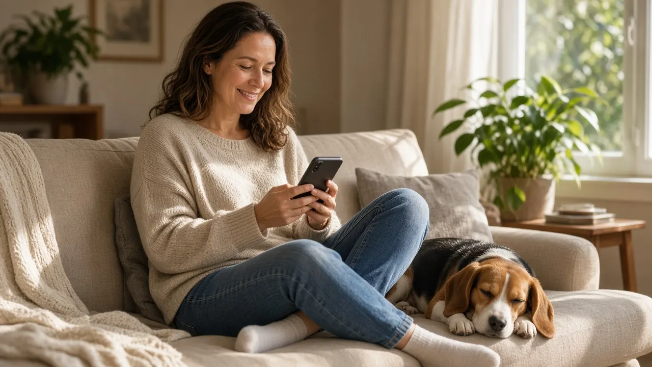 A woman reading on her phone on a sofa while a young beagle naps against her leg