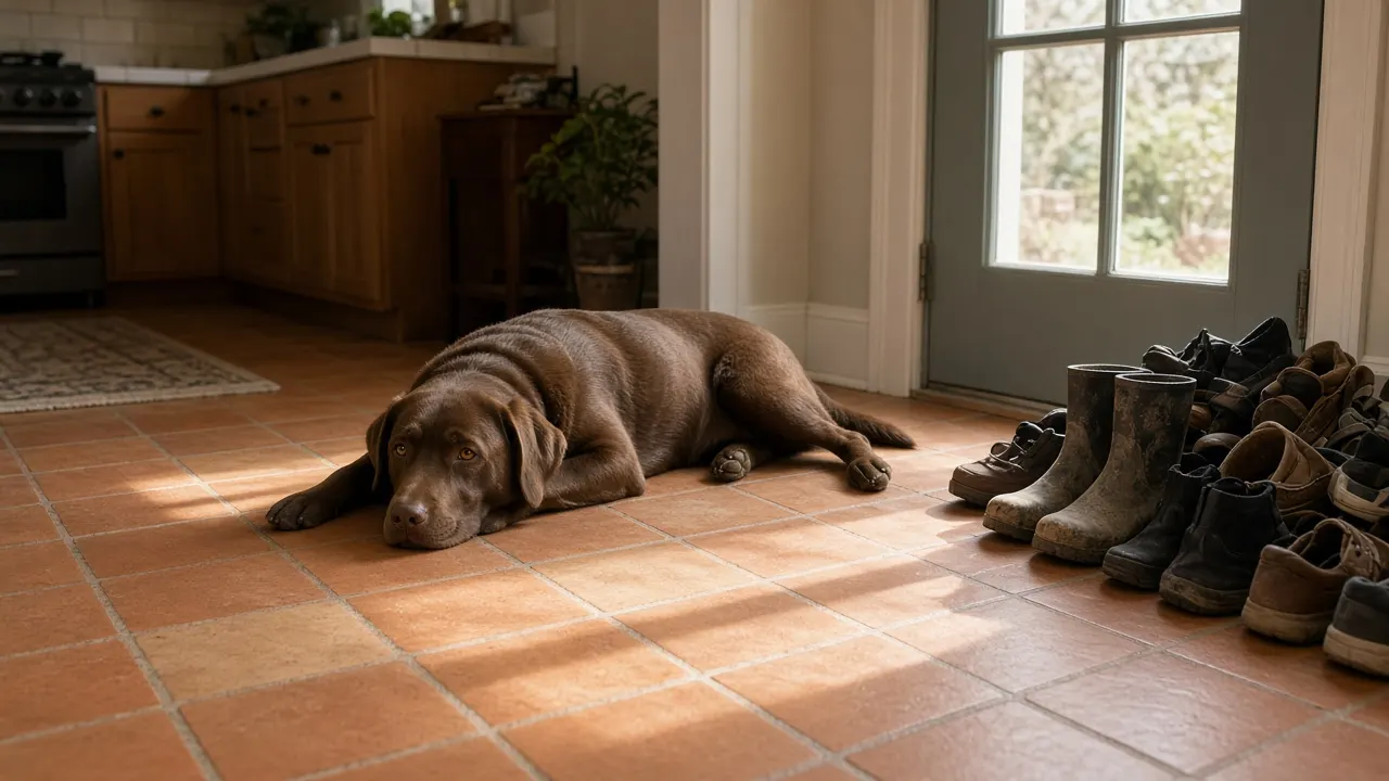 A chocolate Labrador lying on a kitchen floor next to a family's shoes by the back door, late morning light