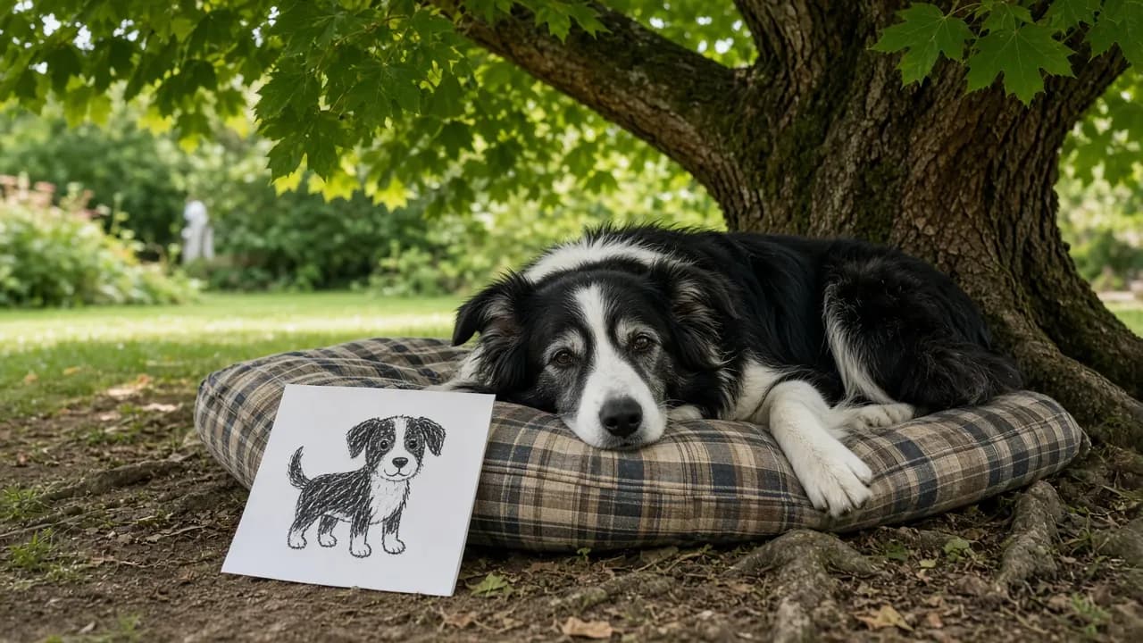 An old border collie lying on a plaid dog bed under a maple tree in a backyard, a child's drawing beside her