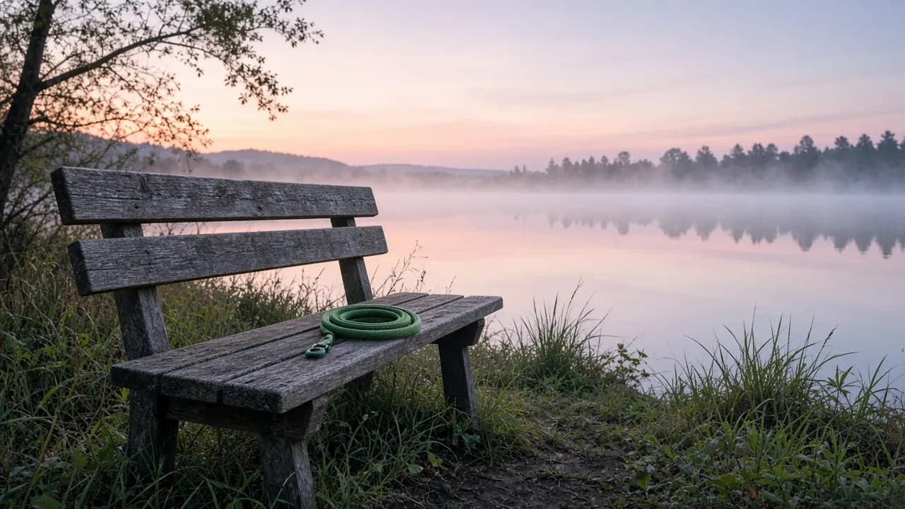 An empty wooden bench at the edge of a quiet lake at dawn, with a dog leash coiled on the seat