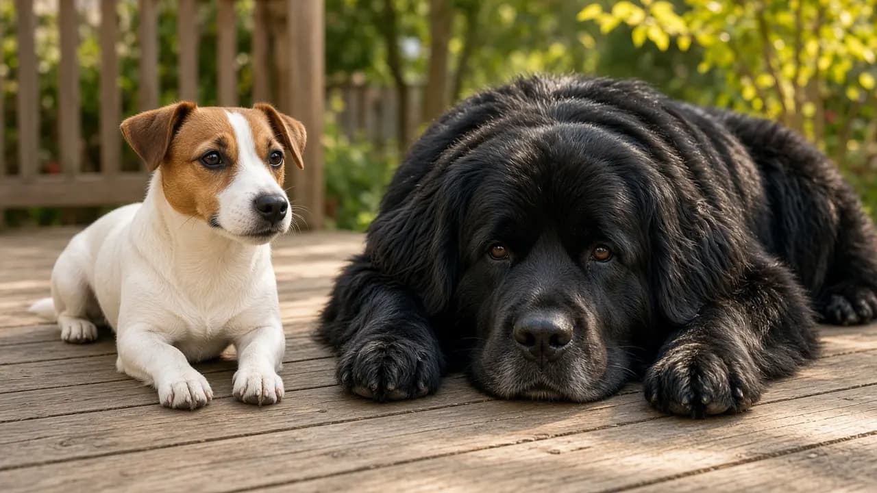 A small Jack Russell terrier and a large Newfoundland dog lying side by side on a sunny wooden deck