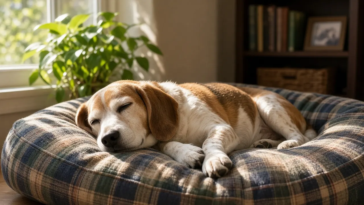 An elderly beagle asleep on a thick plaid dog bed by a living room window with afternoon sun