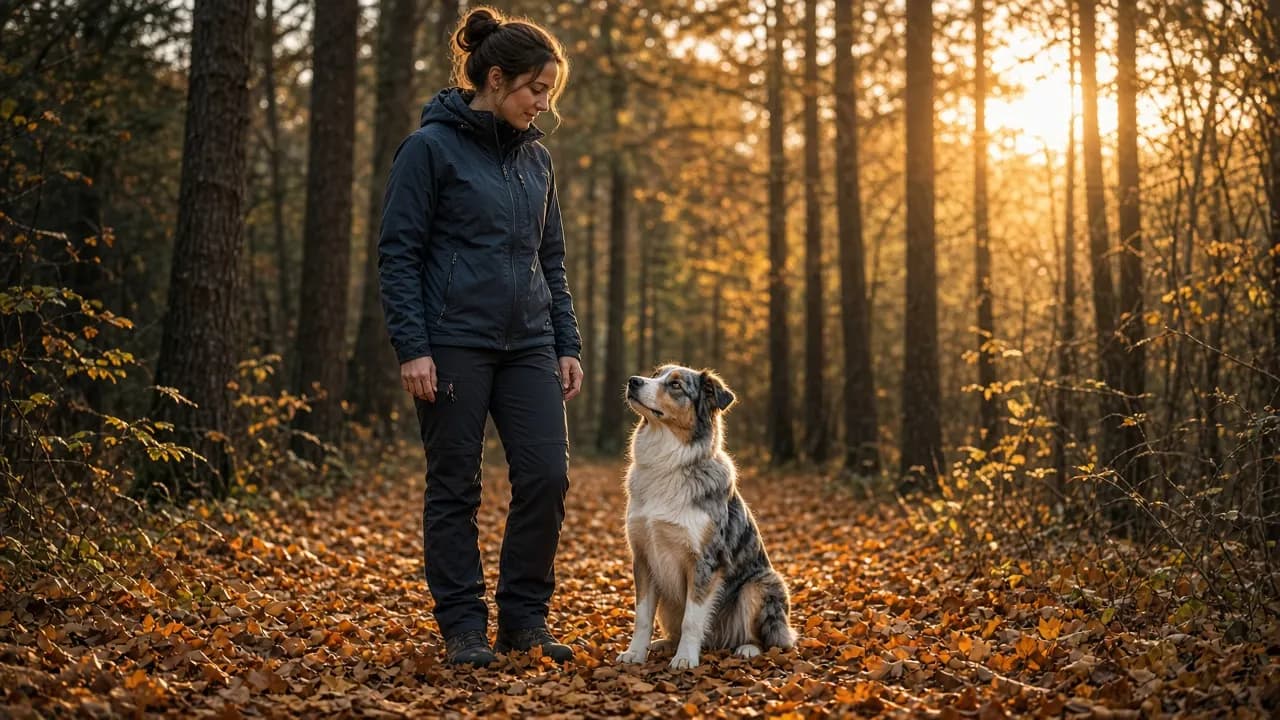 A woman and a young Australian Shepherd pausing on a forest trail in autumn light