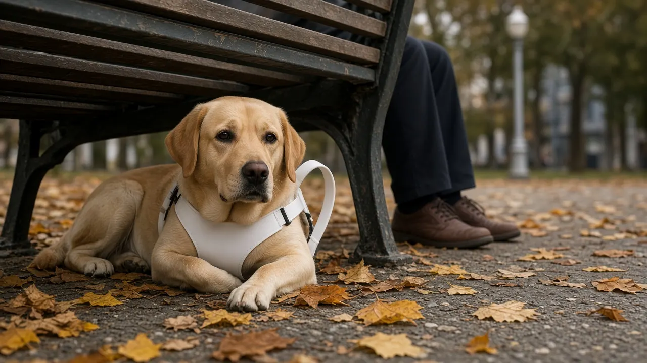 A yellow Labrador guide dog in a white harness resting beside its handler's feet on a city bench