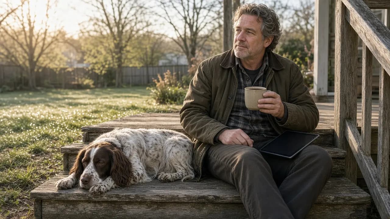 A man sitting on back steps with a cup of coffee and a tablet, a brown-and-white spaniel lying beside him in morning sun