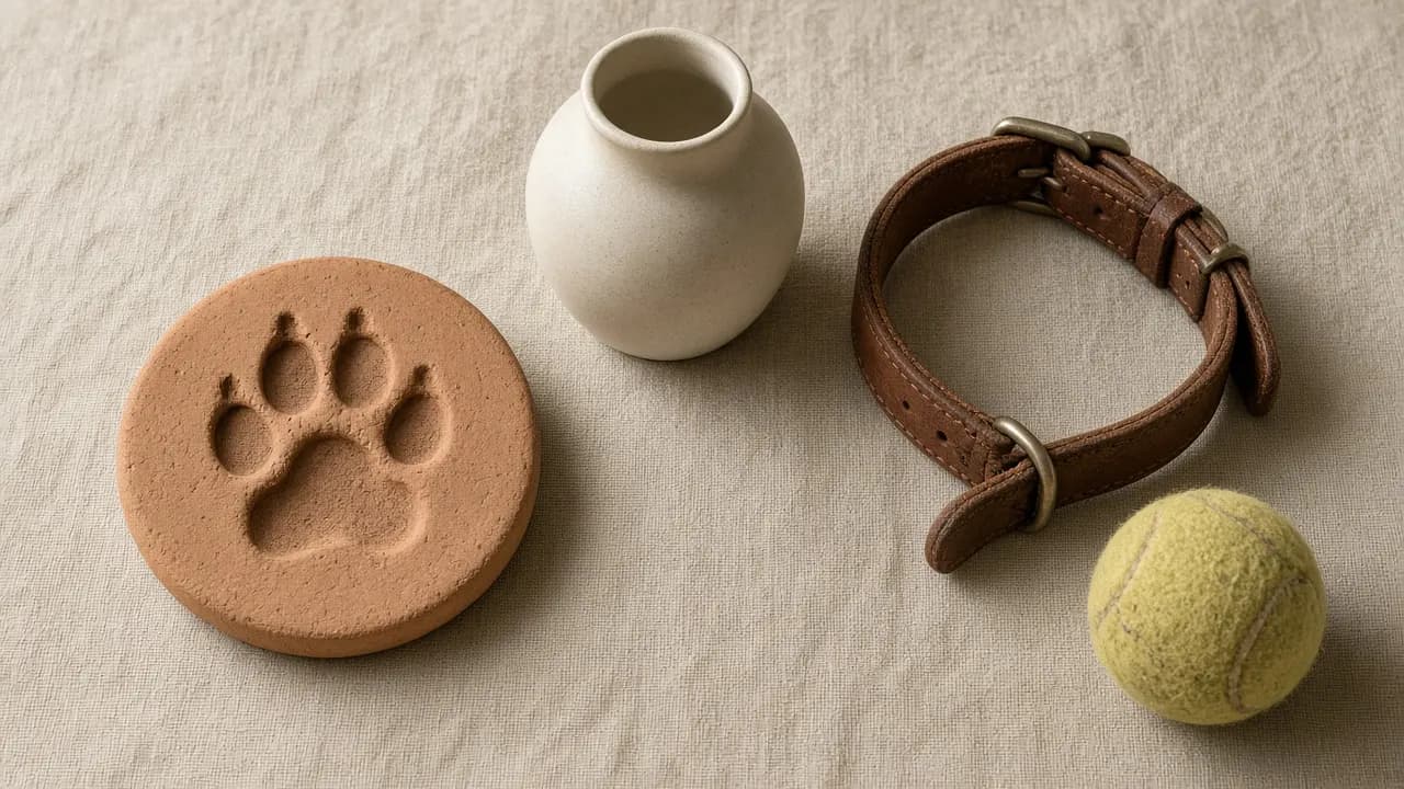 A clay paw print impression, a small keepsake urn and a leather dog collar arranged on linen