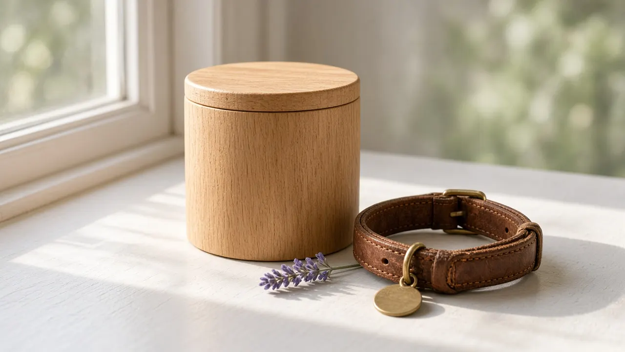 A wooden urn with a dog's collar and name tag resting beside it on a sunlit windowsill