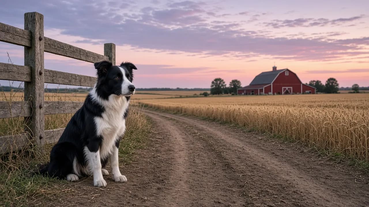 A border collie sitting by a wooden gate on a farm track at dusk, fields stretching behind