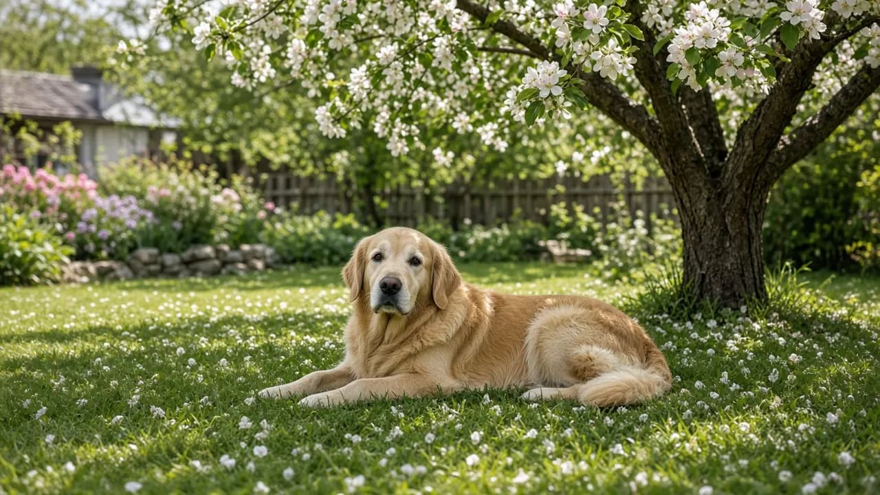 An older golden retriever resting in dappled shade beneath a blossoming apple tree in a back garden
