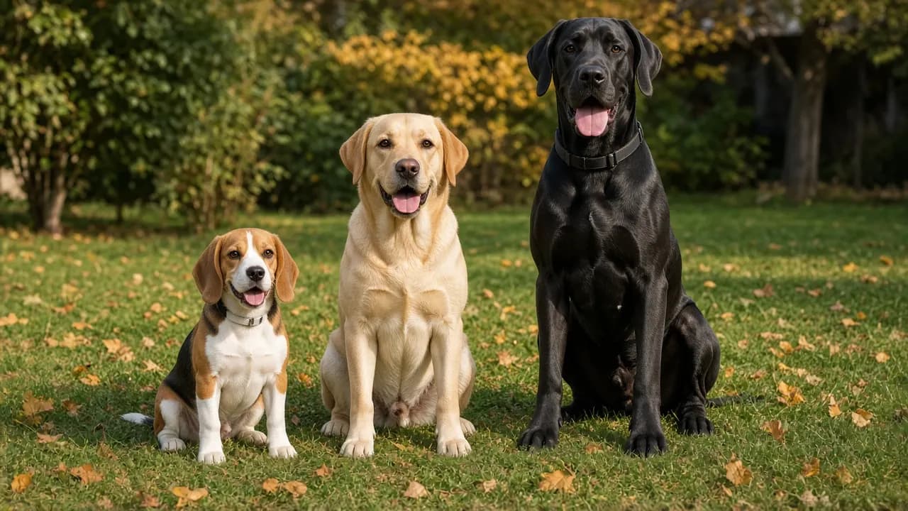 A beagle, a yellow Labrador and a Great Dane sitting together on a lawn in early autumn sun