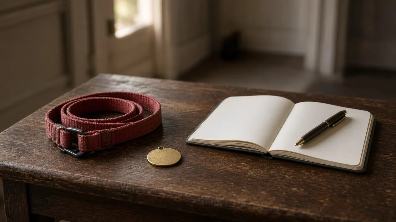 A worn red leash and brass name tag coiled beside an open notebook on a wooden hall table