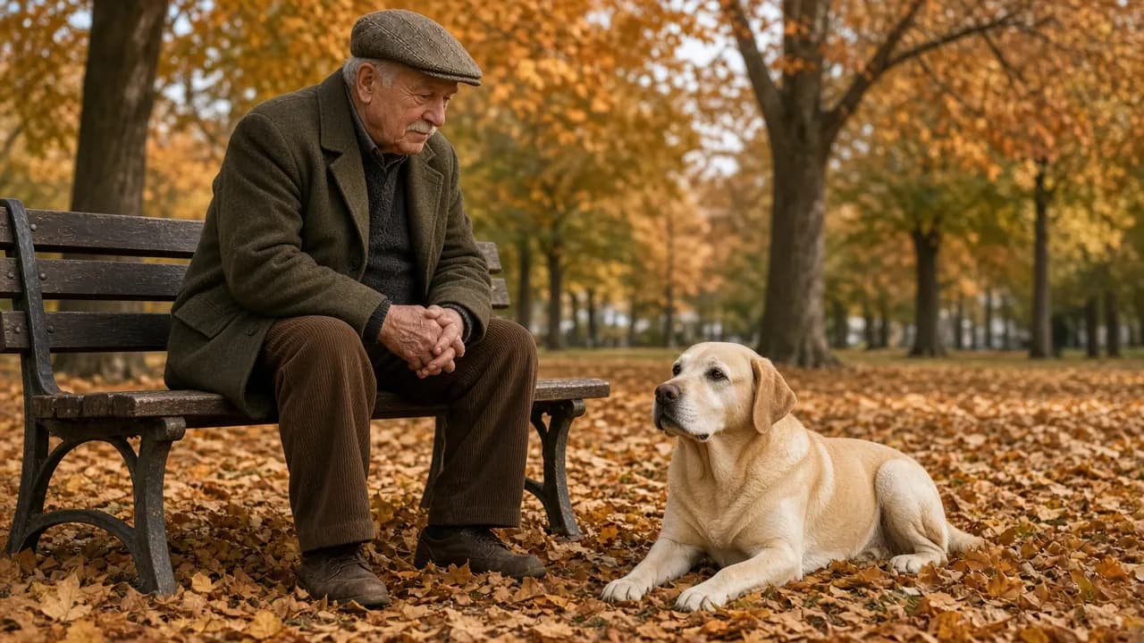 An elderly man on a park bench with a gray-muzzled Labrador sitting at his feet in autumn leaves