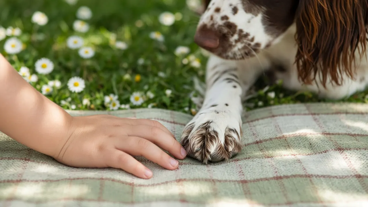 A child's hand resting next to a spaniel's paw on a picnic blanket in a summer garden