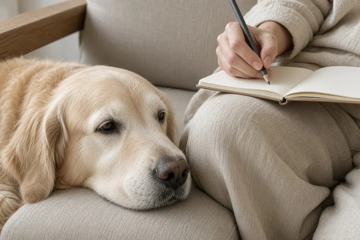 An older golden retriever resting its chin on a person's knee while they write in a notebook on the sofa