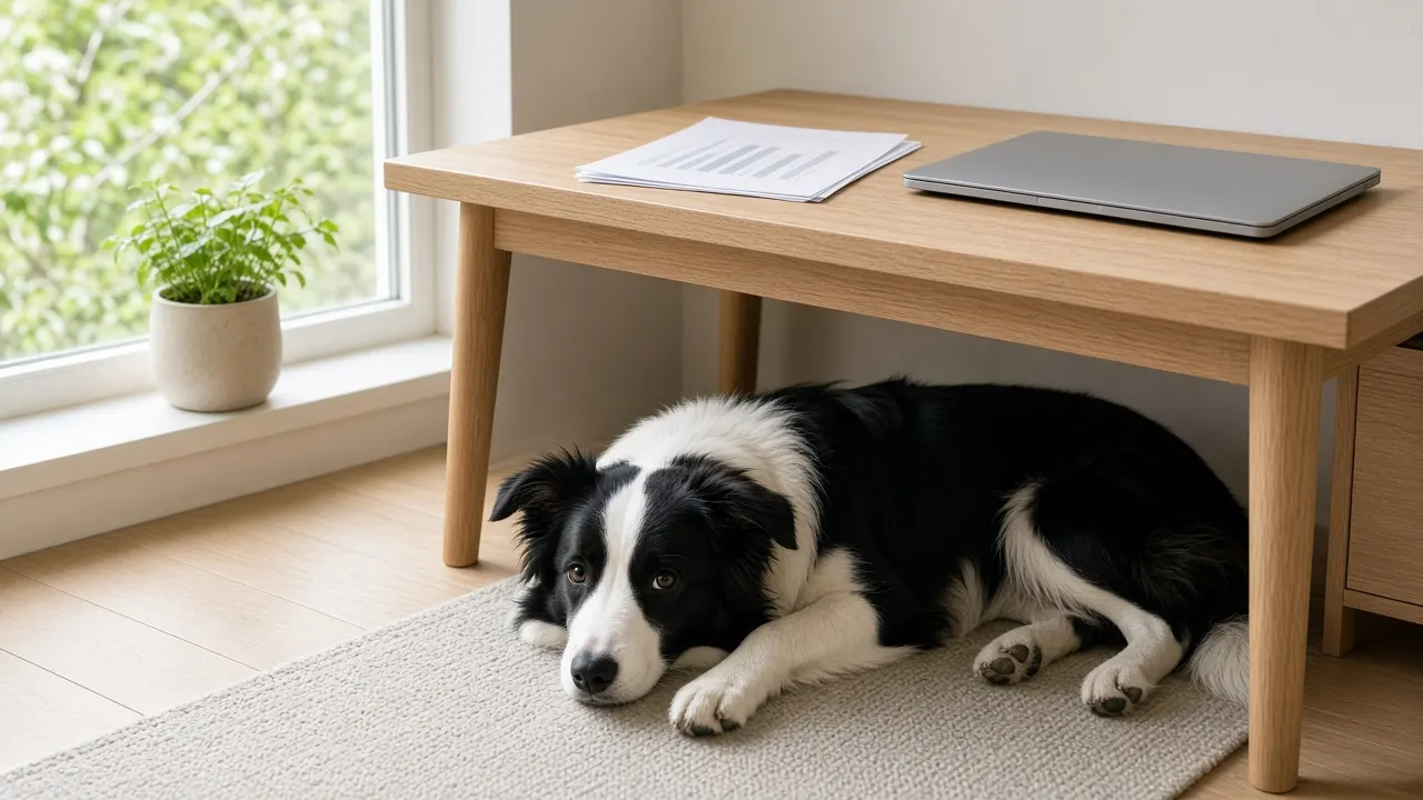 A young border collie lying under a desk scattered with printed charts and a laptop in soft daylight