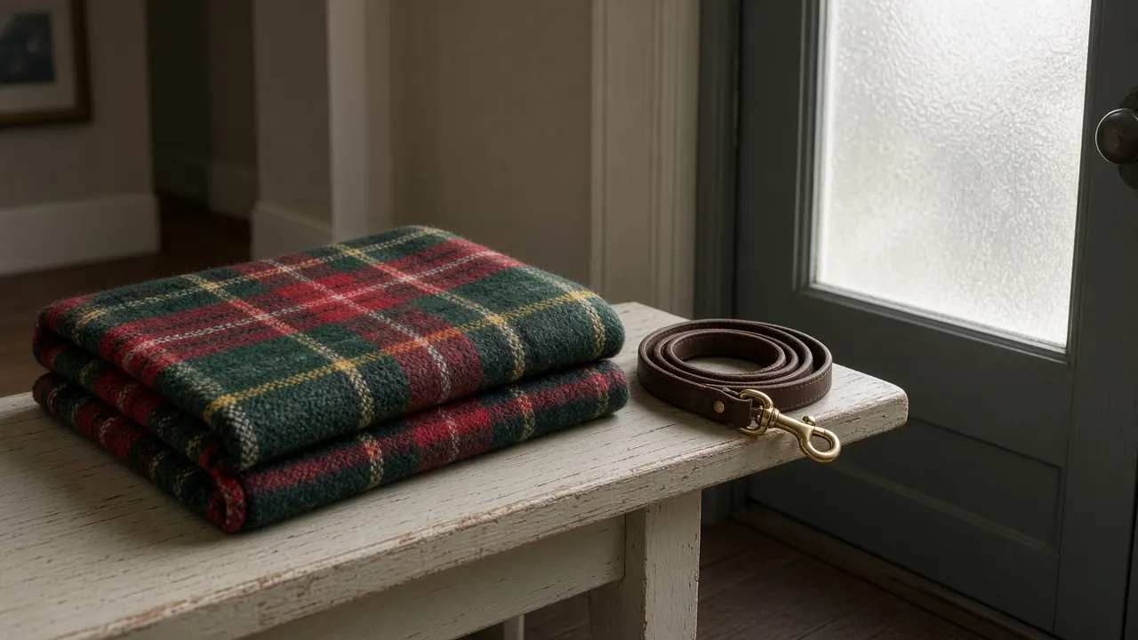A folded tartan blanket and a dog's leash laid on a hallway bench beside the front door