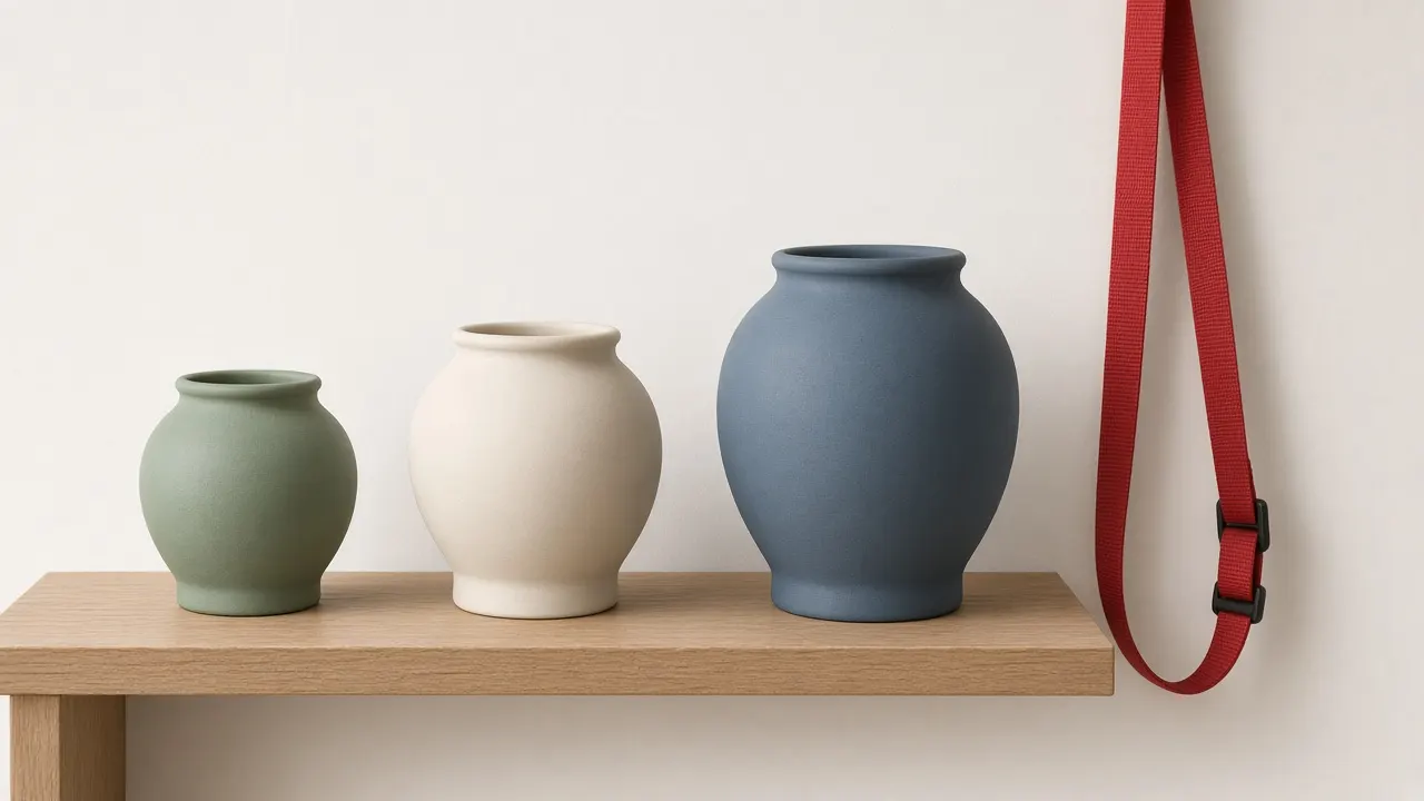 Three ceramic urns in small, medium and large sizes lined up on a wooden shelf beside a dog leash