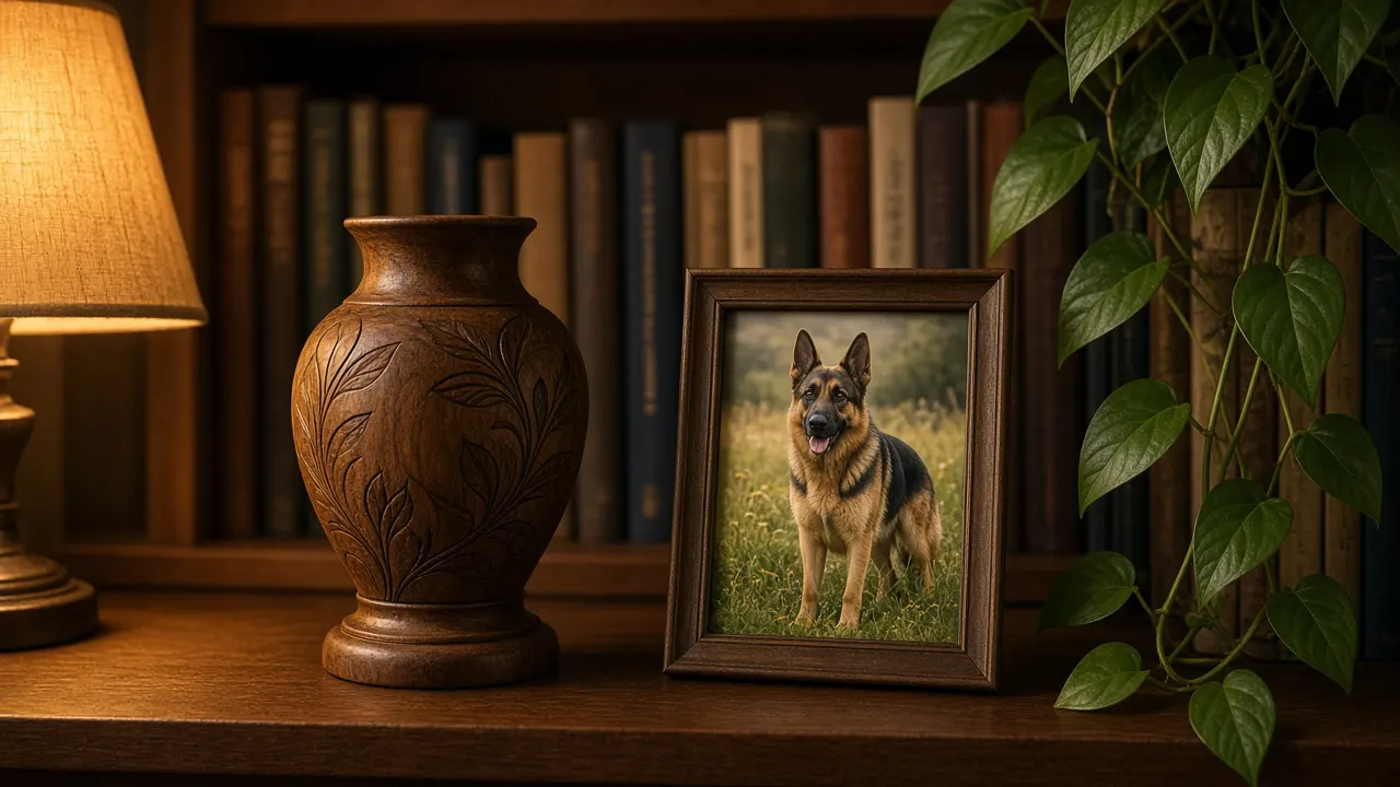 A carved walnut urn with a framed photo of a German Shepherd on a bookshelf in evening lamplight