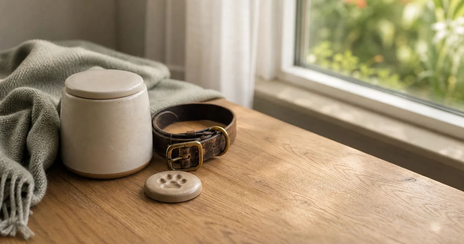 Dog remembrance objects — AI-created editorial image, not a real facility